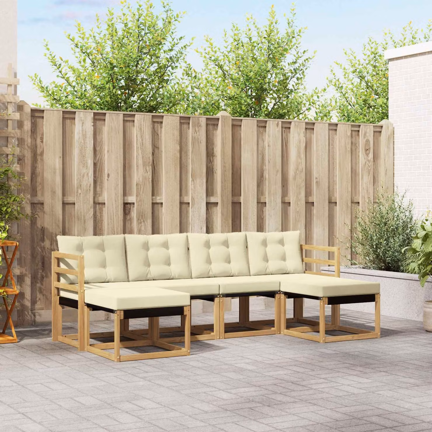 Set di divani da esterno vidaXL a forma di L con pouf, in legno di acacia e tessuto textilene, Bianco e Beige