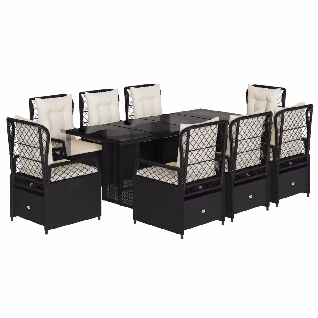 Set da Pranzo da Giardino 9 pz vidaXL in Polyrattan Nero con Piano in Vetro e Cuscini – 2