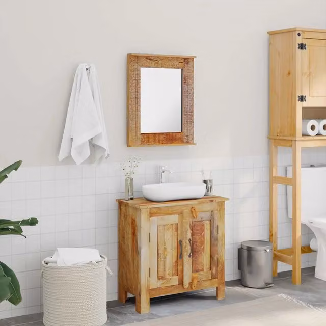 Armadietto da Bagno con Specchio in Legno Massello di Mango 243462