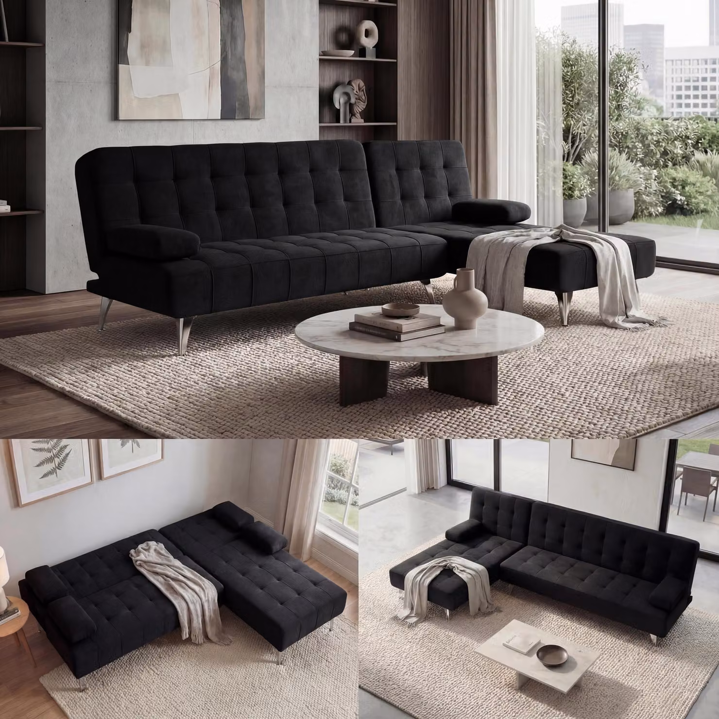Divano letto HWC-K22, divano angolare divano, superficie reclinabile sinistra/destra funzione di sonno 236cm ~ velluto nero