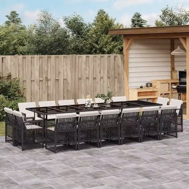 Set da Pranzo da Giardino vidaXL in Polyrattan Nero con Cuscini Bianchi e Tavolo in Vetro, 17 Pezzi