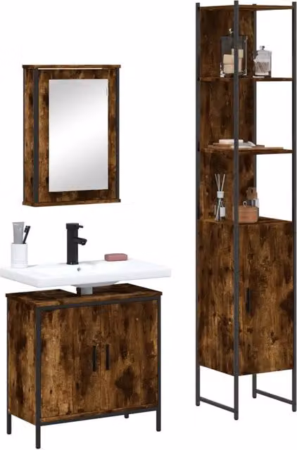Set di mobili da bagno vidaXL 3 pezzi in legno rovere marrone con specchio e armadietto sospeso in stile industriale – 2