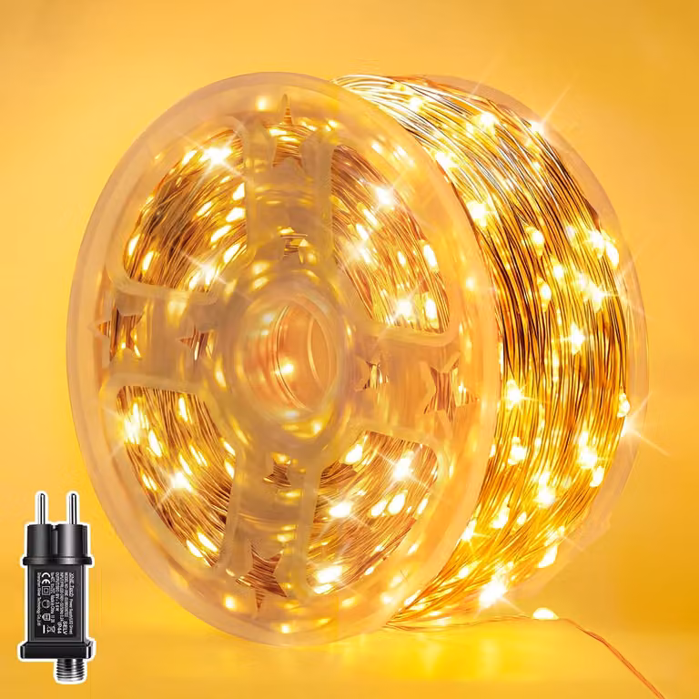 Catena luminosa con 200 LED, lunghezza 20 metri, luce bianco caldo, grado di protezione IP44, 8 modalità