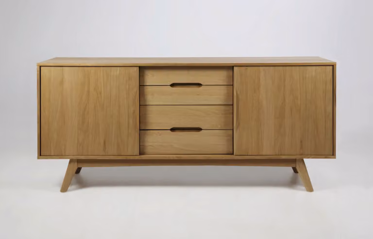 Credenza Martha a 2 ante e 4 cassetti in rovere decorato, sbiancato.