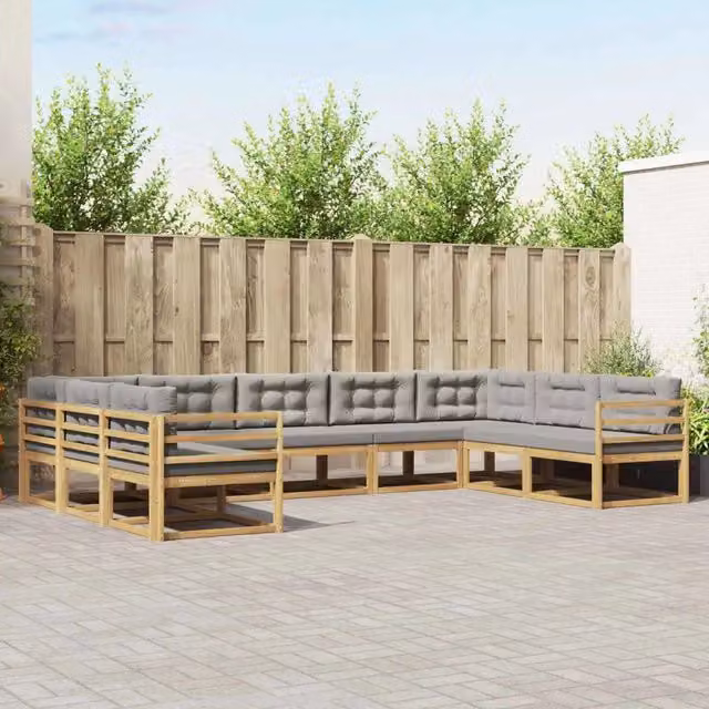 Set di divani da esterno a L vidaXL in legno di acacia con cuscini, Bianco e Grigio