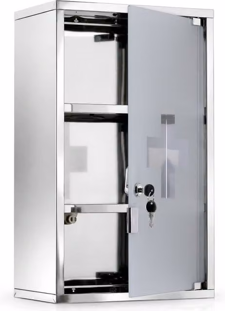 Armadietto medicinali da parete Aosom in acciaio inox con serratura e ripiani interni, colore argento/grigio, L: 50 cm, P: 30 cm, H: 18 cm – 1