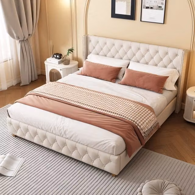 Letto matrimoniale imbottito OKWISH in tessuto beige, stile moderno, L/P/H: 180 x 200 x 108 cm