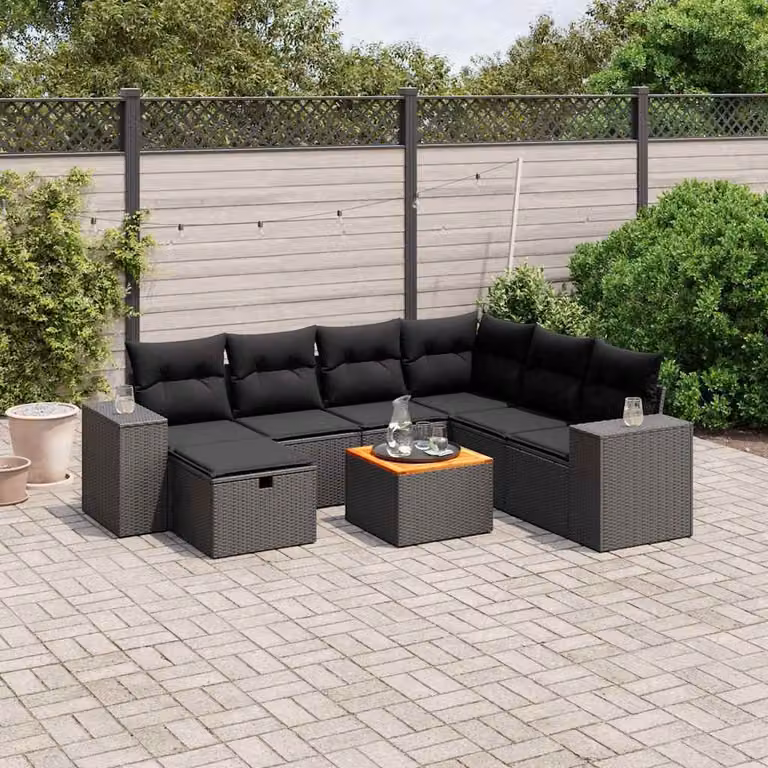 vidaXL Set Divani da Giardino a L con Cuscini 8 pz Nero in Polyrattan e Acciaio