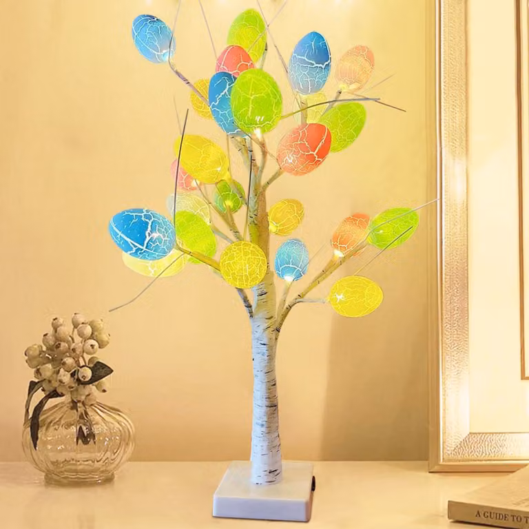 Albero di Pasqua a LED con 12 uova colorate, decorazione pasquale, plastica, luce bianco caldo