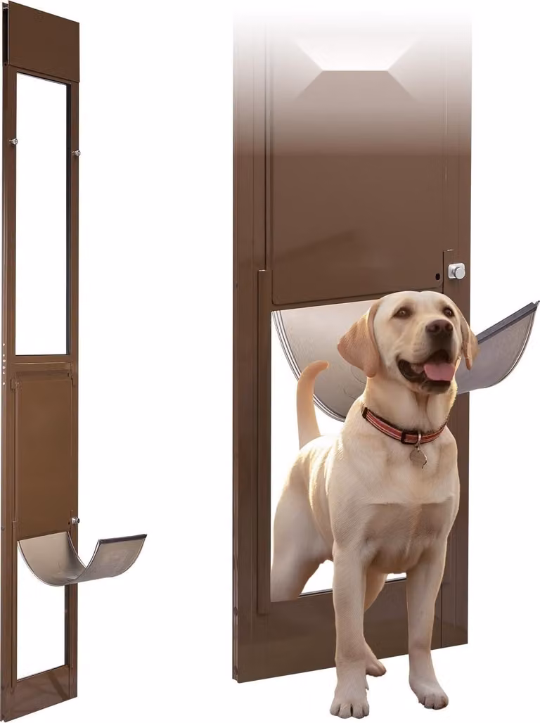Porta per cani Porta per animali domestici per porte scorrevoli in vetro - Inserto per porte scorrevoli regolabile in altezza - Altezza 192,7-204 cm - Telaio in alluminio - Serratura di sicurezza - Sportello 26 x 41,3 cm - Marrone