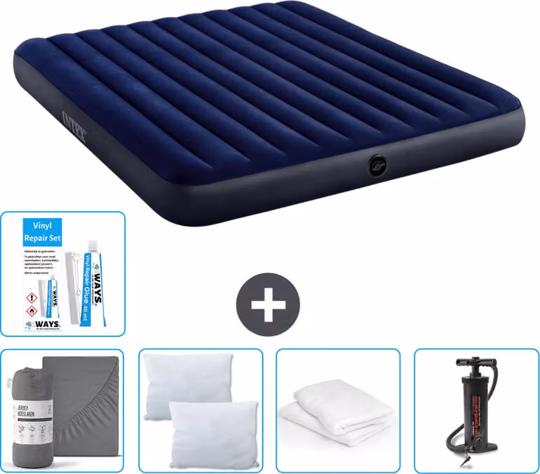 Letto gonfiabile Intex - 2 persone - 183 x 203 x 25 cm - blu - lenzuolo incluso - bacio - pompa - set di riparazione e protezione per cuscini