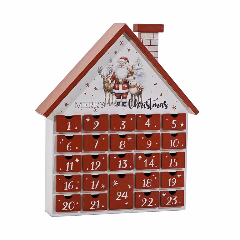 Calendario dell'Avvento Casa Natale VESTIAMO CASA in legno, rosso e bianco, Altezza: 34 cm