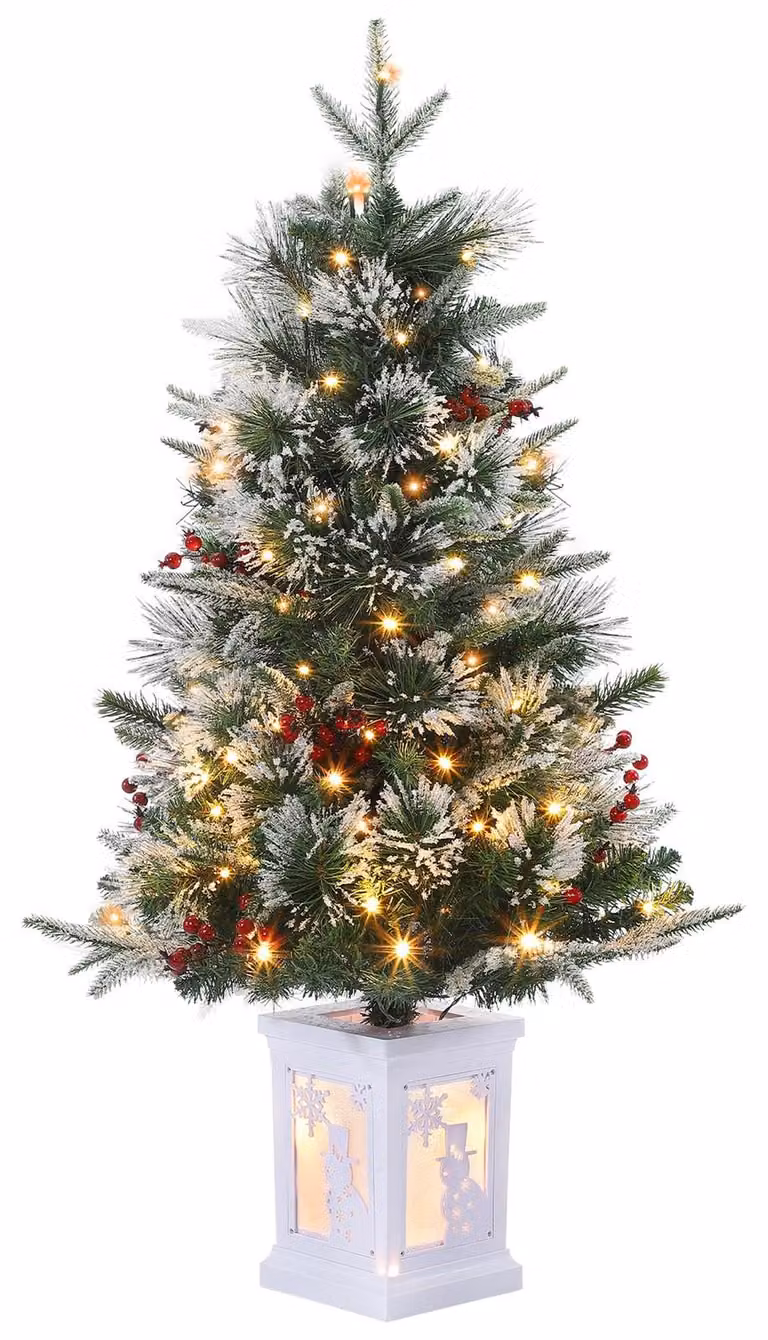 Albero di Natale artificiale, innevato, 90 cm (3.0 piedi), con rami fitti che ricordano un abete o un pino, con luci LED e punte degli aghi innevate. Montaggio con sistema a cerniera, dotato di base in metallo