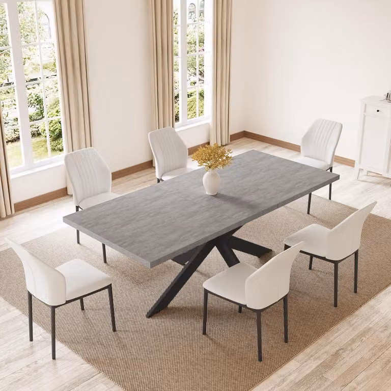 Tavolo allungabile per 4-8 persone, in legno MDF grigio moderno, con dimensioni da 130 a 170 cm, e 6 sedie beige