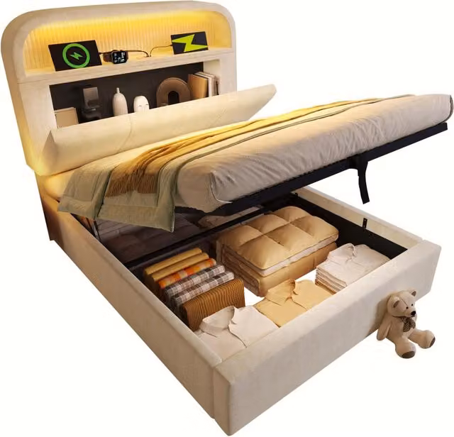 Letto singolo moderno in velluto beige con testiera contenitore, illuminazione LED, porte USB e Type-C e scomparti laterali, dimensioni: 90 x 200 cm