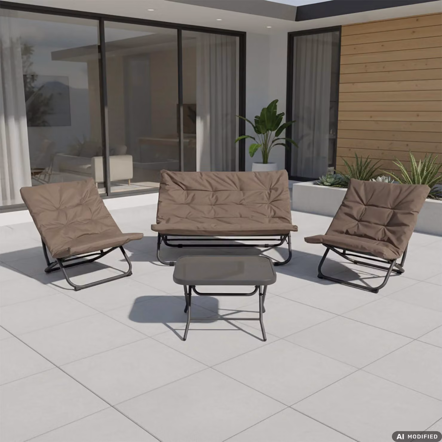 Vestiamo Casa Giardino Set da giardino moderno 4 pezzi con struttura in acciaio antracite, divano a 2 posti, poltrone lounge, tavolino con top in vetro e cuscini beige – 2