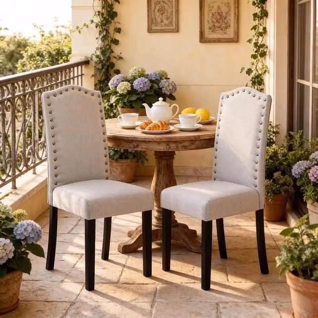 Set di 2 sedie da pranzo MIVRAY con schienale alto imbottite in lino grigio chiaro e gambe in legno L/P/H: 49 x 43 x 102 cm – 1