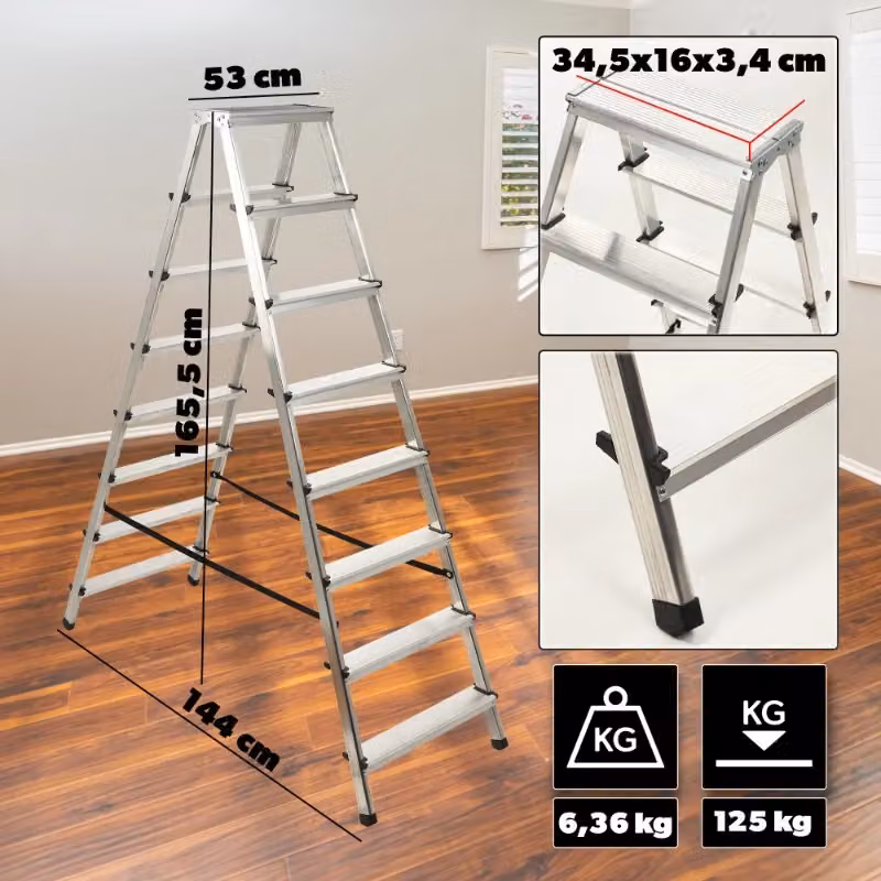Scala domestica pieghevole a doppia faccia KADAX in alluminio argento con 8 gradini e portata massima 125 kg – 2