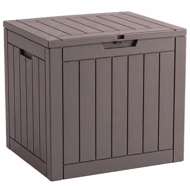 Floordirekt Box da giardino effetto legno resistente alle intemperie Box porta cuscini 118L marrone Box porta cuscini per terrazza, balcone e giardino