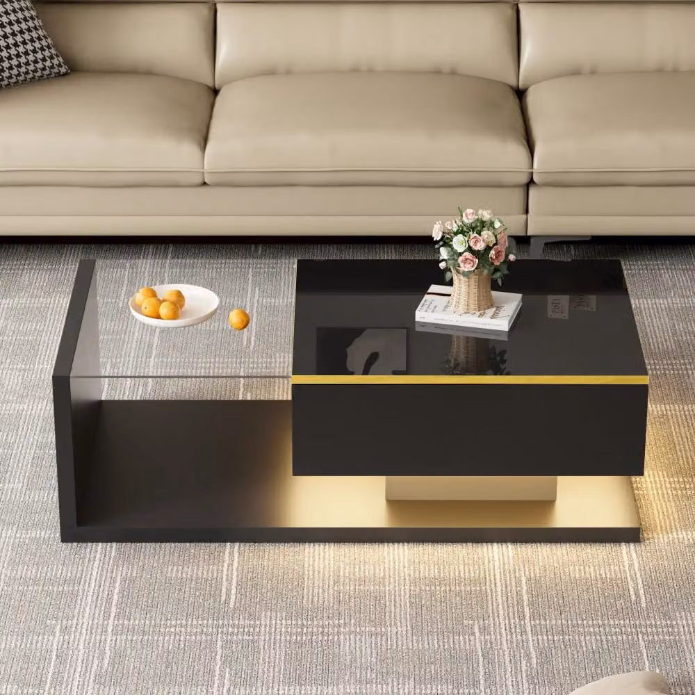 Tavolino da caffè - Tavolino ausiliario - 100 cm - Nero lucido - Pannello di particelle di legno - Piano in vetro - Effetto luce LED