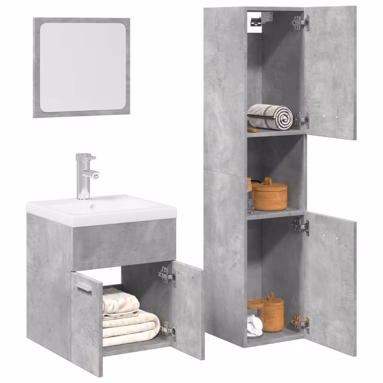 Set di mobili da bagno moderno vidaXL in 3 pezzi grigio opaco con legno e vetro L/P/H: 46,0 x 41,0 x 38,5 cm