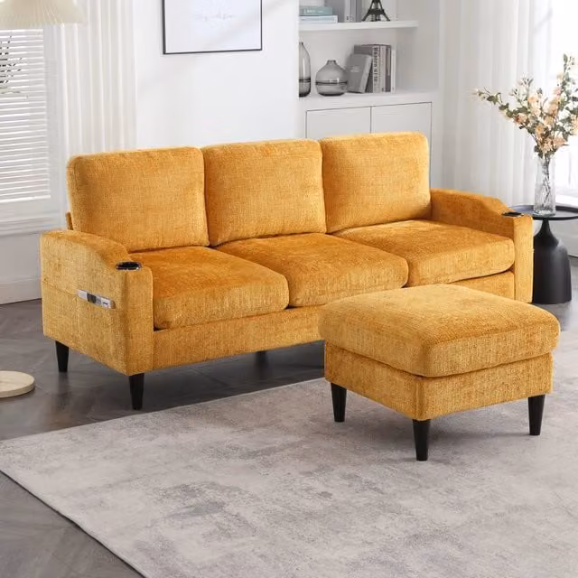 Sofa elegante con pouf e ripostiglio - Zephmum- 4 posti, braccioli, porta-bevande, tasche laterali, rivestimento in velluto