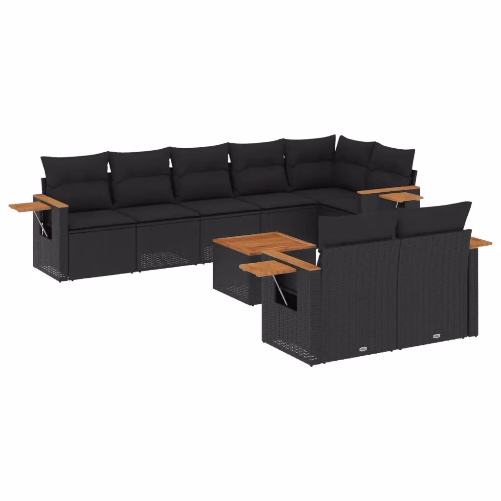 vidaXL Set Divani da Giardino 9 pz in Polyrattan Nero con Cuscini e Tavolino da Esterno – 2