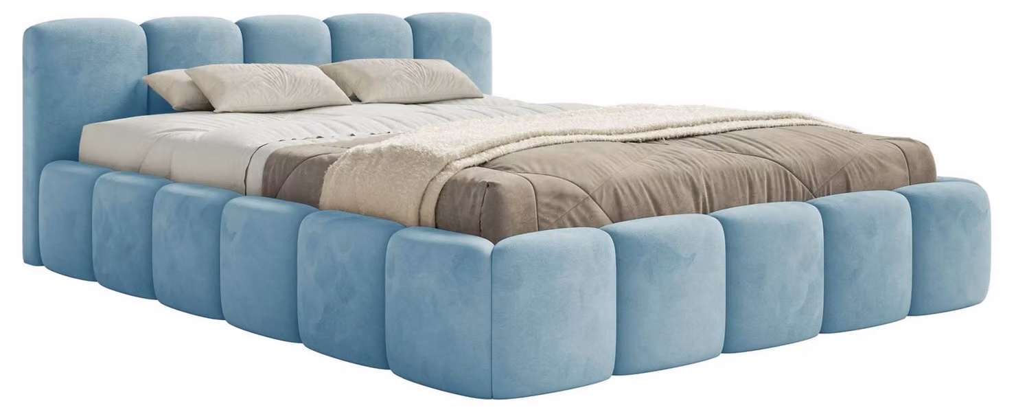 Selsey Cloudy Low – Letto imbottito 120x200 cm, contenitore e rete a doghe, velluto azzurro
