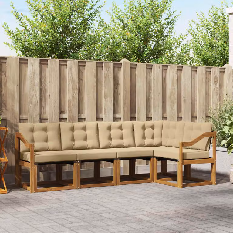 Set di divani da esterno vidaXL a forma di L in legno di acacia con cuscini beige e marrone