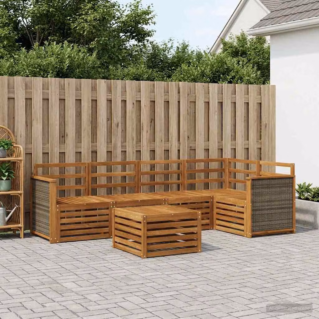 Set di divani da esterno vidaXL in legno di acacia massello con tavolo da caffè, composizione a L con cuscini inclusi, colore marrone e bianco