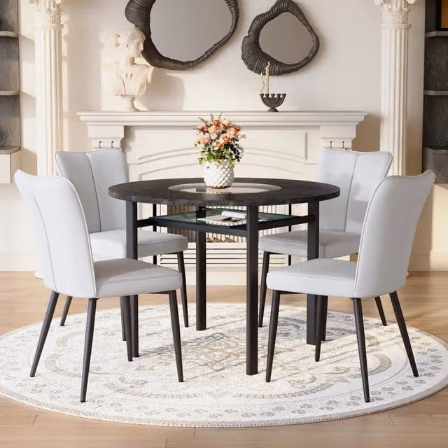 Set tavolo rotondo 100 cm con piano in MDF e vetro; sedie in PU e metallo; nero grigio chiaro