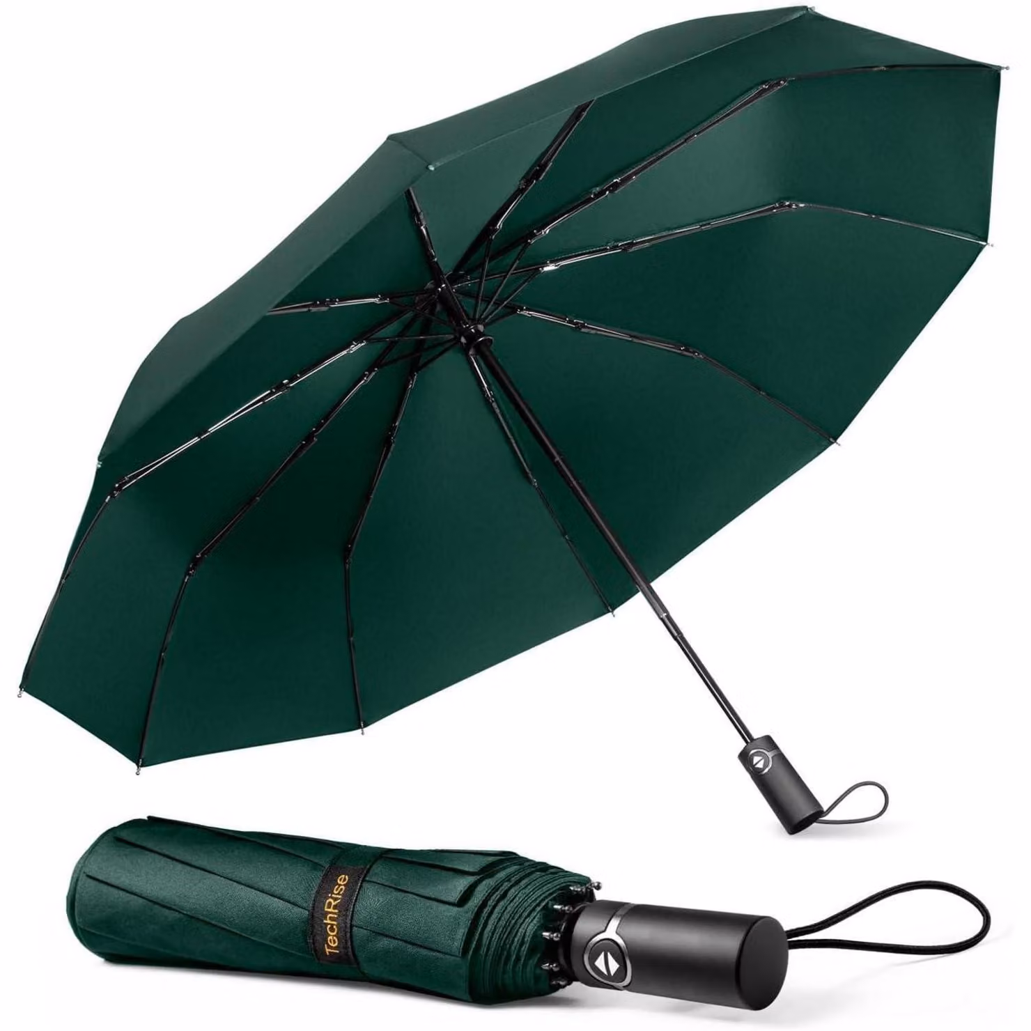 TechRise Ombrello da Viaggio Antivento - Grande, Resistente al Vento, 10 Stecche, Automatico, Compatto, Verde
