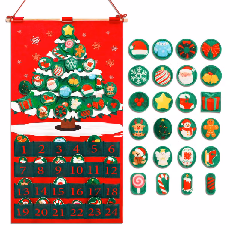 Calendario dell'Avvento in feltro con 24 decorazioni, dimensioni 76x42 cm, per contare i giorni fino al Natale