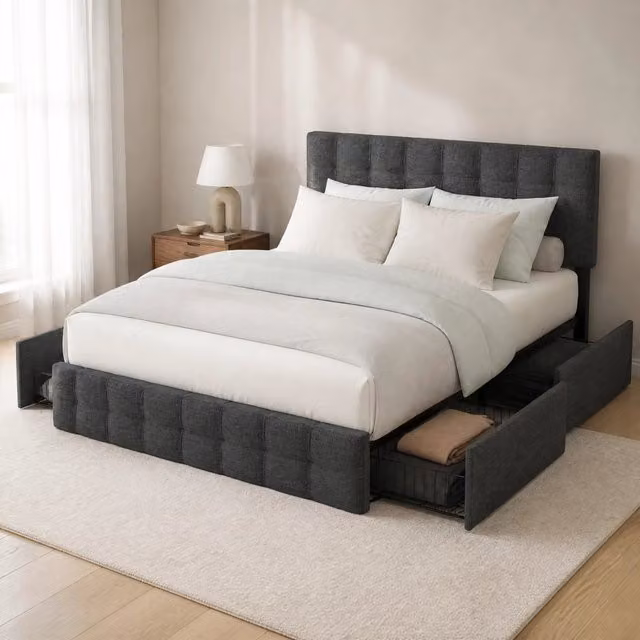 Letto imbottito 140x200 cm grigio con 4 cassetti; testiera regolabile e doghe in metallo