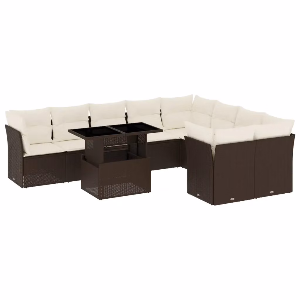 Set di Divani da Giardino vidaXL 10 Pezzi con Cuscini e Tavolino, Design Moderno a L in Polyrattan Marrone e Bianco con Struttura in Acciaio Verniciato a Polvere – 2