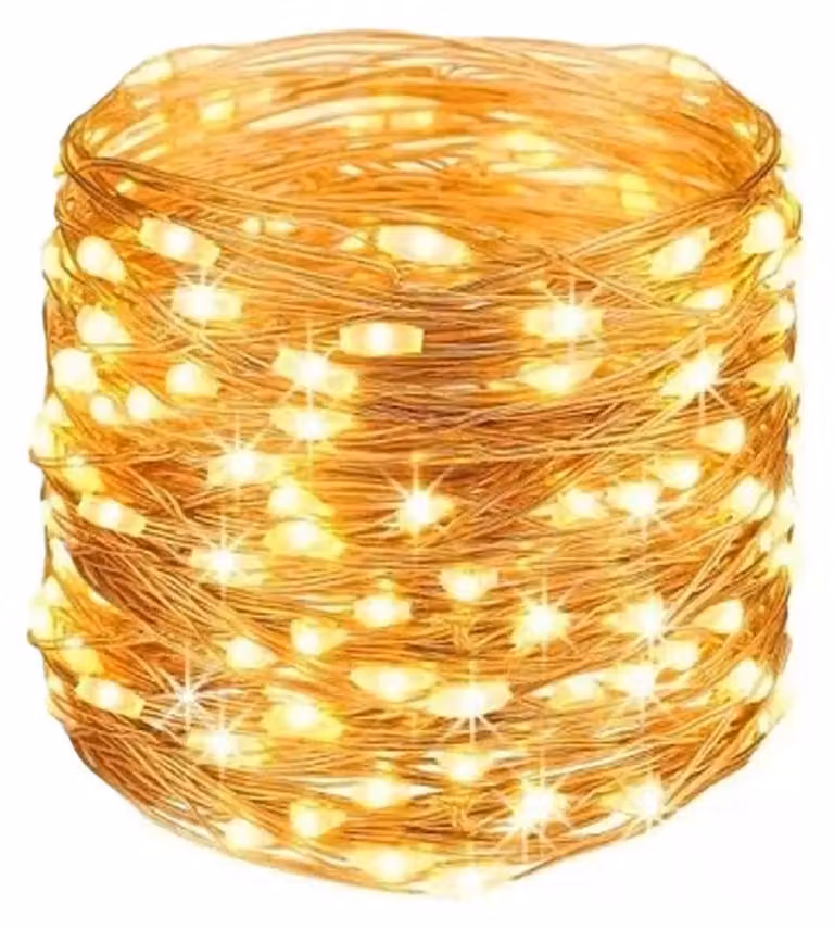Catena luminosa a LED, 10 metri, filo di rame, luce bianco caldo, alimentazione a 3 batterie AA