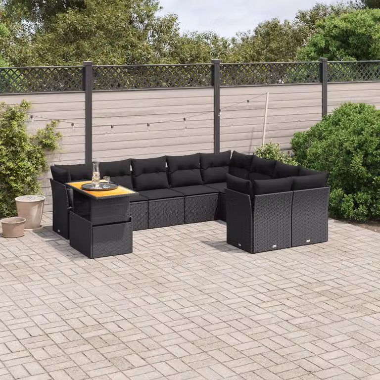vidaXL Set Divani da Giardino a L in Polyrattan Nero con Cuscini e Tavolino da Esterno