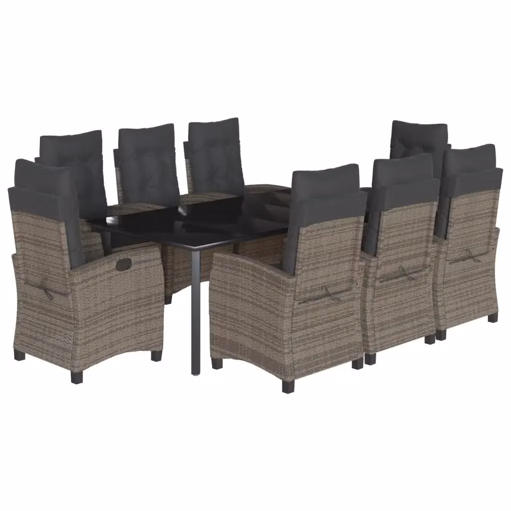 Set da Pranzo da Giardino vidaXL in Polyrattan e Vetro Grigio e Nero, 9 Pezzi – 2