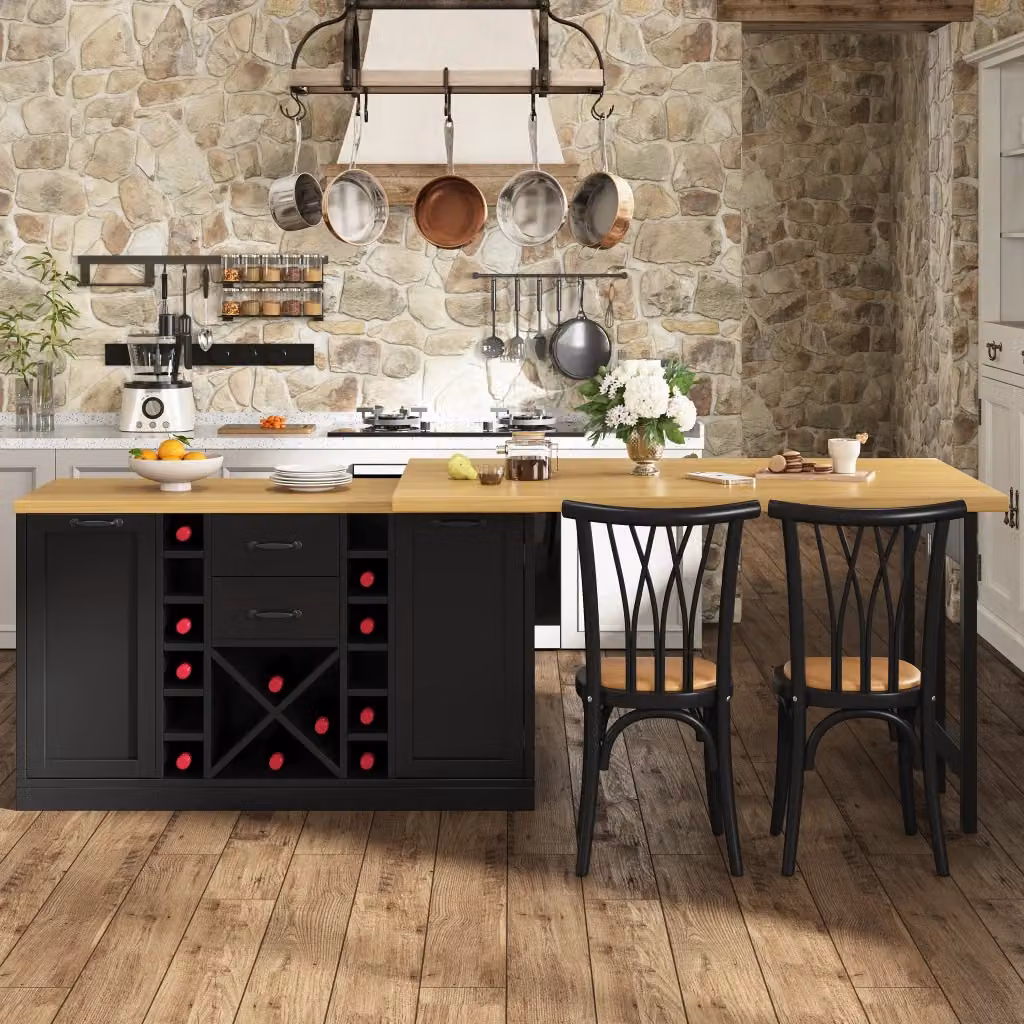 Isola da cucina WISHDOR nera con piano allungabile girevole a 360°, porta bottiglie vino estraibile e porta pattumiera, L/P/H: 223 x 103 x 73.8 cm – 2