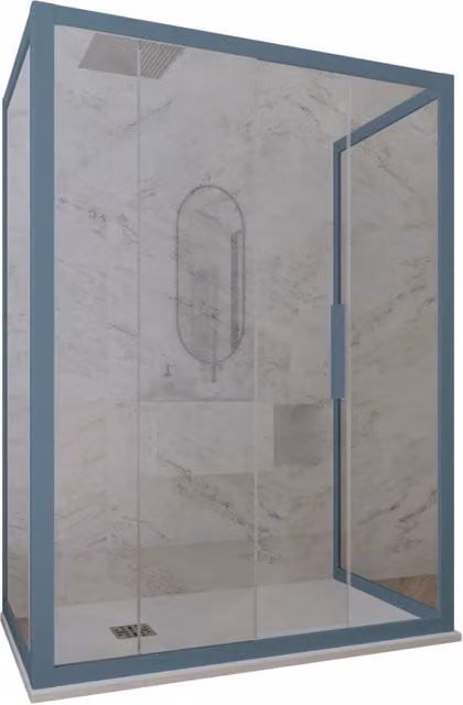 Box doccia 3 lati Deco Trio FORTE con vetro trasparente e profilo blu navy L 140 x P 75 x H 200 cm