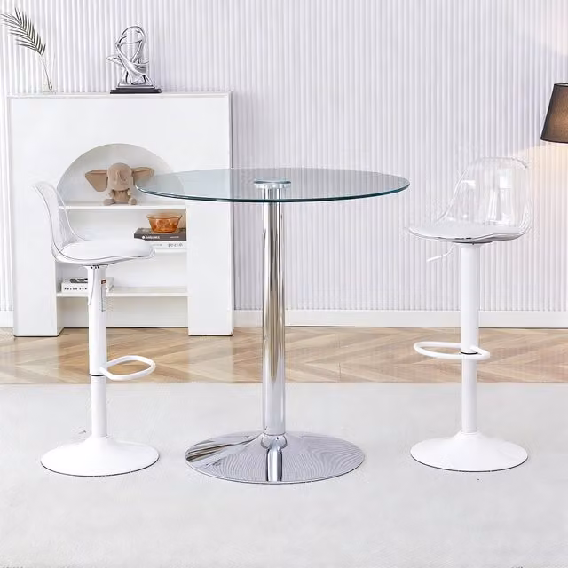Tavolo Bar in Vetro Temperato con 2 Sgabelli ¨C MINIMAL ¨C Rotondo 89 cm, Gambe Bianche, Altezza Regolabile
