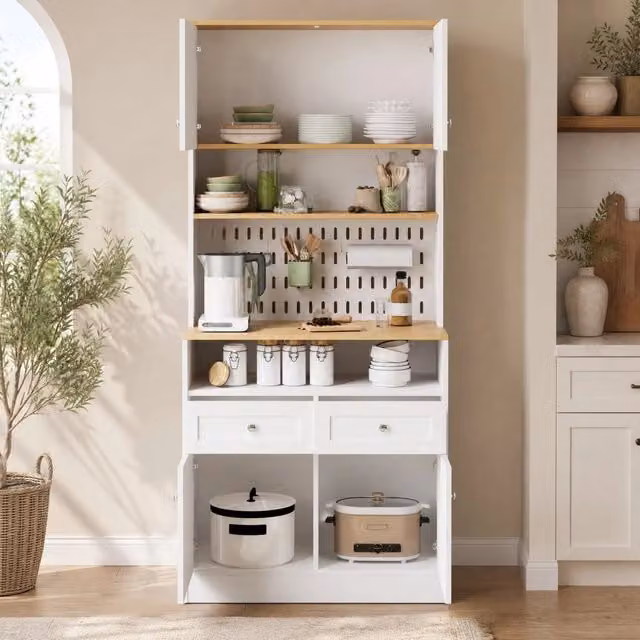 Credenza sideboard MODFU in stile rustico bianco e marrone con ante e vani aperti L: 80 cm, P: 40 cm, H: 175 cm