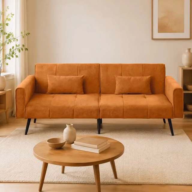 Divano letto futon pieghevole con struttura in legno e piedi in metallo in tessuto a coste arancione per salotto e studio