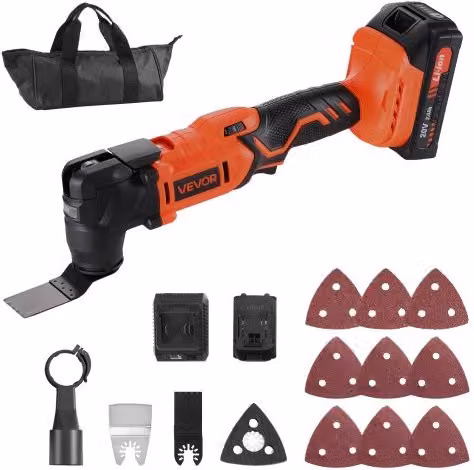VEVOR Kit Utensile Oscillante Senza Fili 20 V Arancione con Batteria da 2,0 Ah, 6 Velocità Variabili e Luce LED