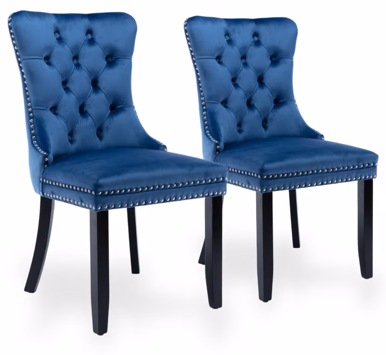 Set di 2 poltrone da pranzo in velluto, con schienale alto e struttura in legno di gomma, colore blu