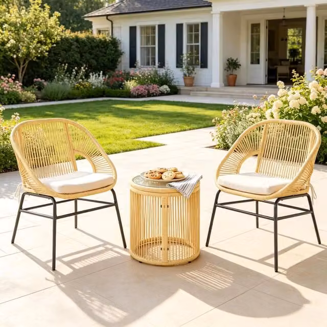 Set balcone Outsunny da 3 pezzi composto da 2 sedie e tavolino rotondo in rattan sintetico e vetro, colore beige