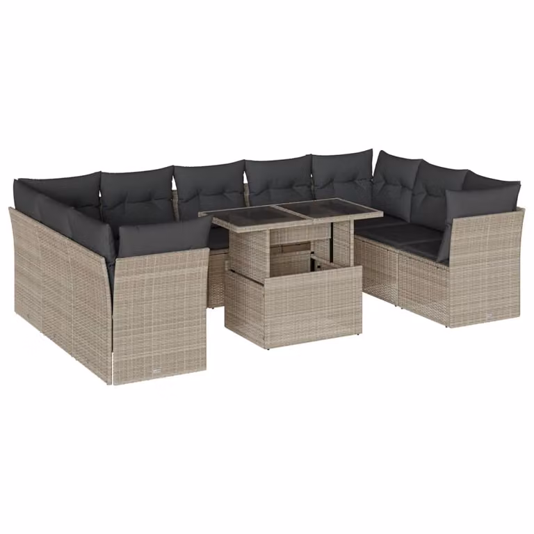 Set Divano Giardino 10 pz con Cuscini Grigio Chiaro Polyrattan