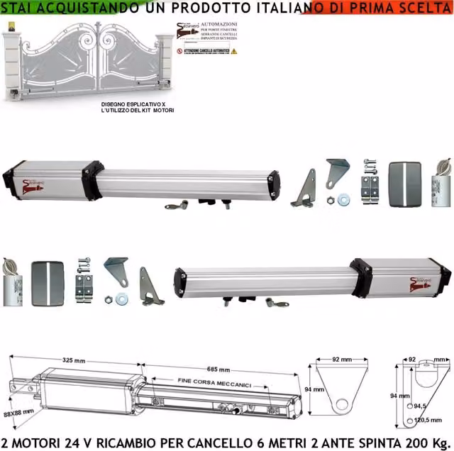 Motori Elettromeccanici 24 Vcc Corsa 500 MM Spinta 2 Q.li Chiave di Sblocco sul Carrello di Traino Per Cancello Automatico da 6 Metri 2 Ante da 3,0 Metri Kit Ricambio Completi Staffe Adatti per Elettronica BTF Came Serai Misure 910X88X88 mm