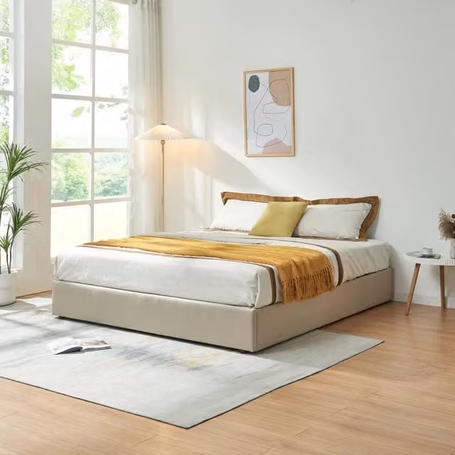 Letto Matrimoniale Contenitore Nola 160x200 cm Apertura a Ribalta Rivestito in Tessuto Lino - Beige [en.casa]