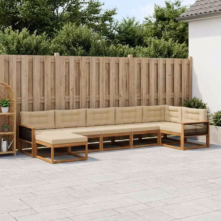 Set di divani da esterno vidaXL a forma di U in legno di acacia con cuscini, beige e naturale